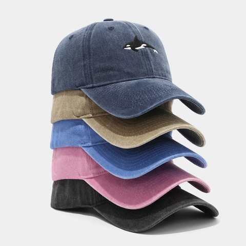 Gorra De Béisbol De Algodón Lavado Bordado De Orca Retro Gorra Dad Hat Ajustable Hombre Mujer