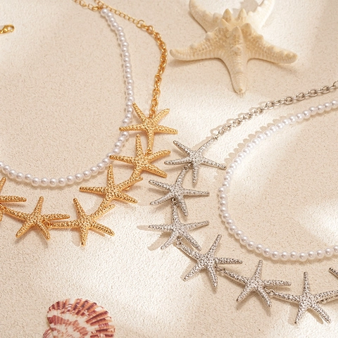 Seestern Lagenhalskette Imitationsperle Legierung Künstliche Perlen Strandurlaub Böhmisch Elegant Marine Schmuck Für Frauen