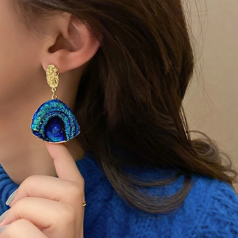 Blue Green Gradient Pleated Fan Earrings With 925 Sterling Silver Earring Post Copper Resin Vintage Jewelry For Women