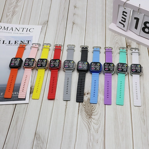 Fashionable Led Digital Watch Square Sports Electronic Wristwatch With Wave Silicone Strap Heart Rate Step Date Display