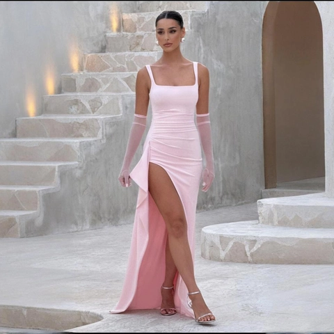 Vestito Lungo Con Spalline Sottili Per Donna Schiena Scoperta Spacco Alto Scollo Quadrato Abito Da Sera Elegante Tinta Unita