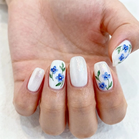 Press On Nails Medio Largo Cuadrado Uñas Postizas Blanco Perla Artificial Patrón Floral Azul Degradado Brillo Estilo Fresco Simple Para Mujeres