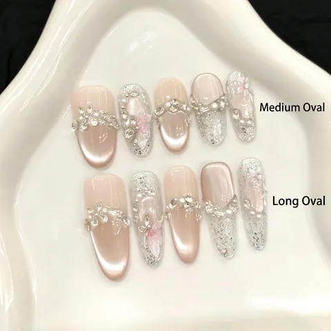 Handmade Press On Nails Pink Cat Eye With 3D Flower Relief Rhinestone Artificial Pearl Decoration Glossy Reusable Elegant For Women