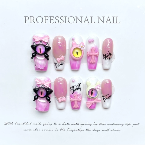 Handgefertigte Press On Nägel Rosa Verlauf 3D Kreuz Monster Bogen Sweet Cool Style Für Frauen