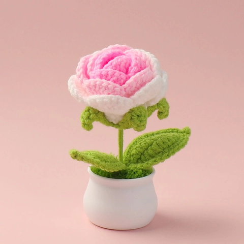 Handmade Crochet Rose Artificial Potted Plant Yarn Knitted Flower Desktop Car Ornament Valentine Day Mother Day Gift Home Decor