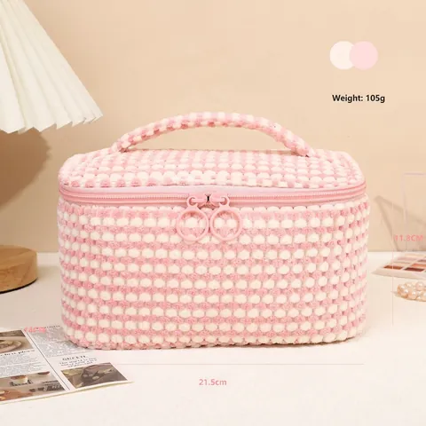 Plush Checkered Makeup Bag Large Capacity Portable Travel Cosmetic Pouch Wash Toiletry Organizer Soft Cute Handbag Storage