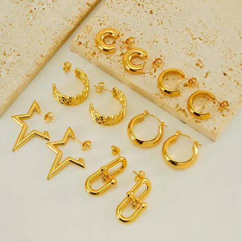 Minimalist Stainless Steel 18K Gold Plated Hoop Earrings For Women Men U-Shape Star Woven Geometric Chain Earrings Jewelry