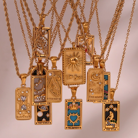 Tarotkarten Anhänger Halskette Edelstahl Zirkonia Emaille Muschel Vintage Himmlischer Rechteckiger Schmuck Damen