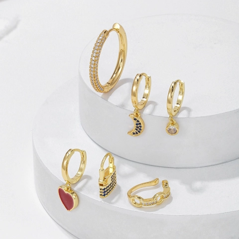 Orecchini A Cerchio Cuore Luna Serratura Rame Micro Zircone Smalto Gioielli Di Moda Accessori Per Donne