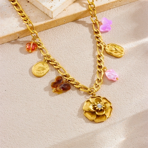 Stainless Steel Gold Plated Necklace With Camellia Flower Butterfly Pendants Rhinestone Vintage Jewelry For Women