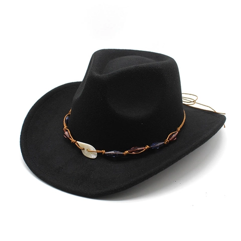 Western Cowboy Fedora Hat Wool Felt Wide Brim With Beaded Shell Decor Vintage Bohemian Style For Men Women Outdoor