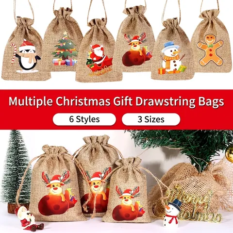 Christmas Gift Bag Burlap Drawstring Pouch Holiday Candy Favors Cartoon Pattern Decorative Hessian