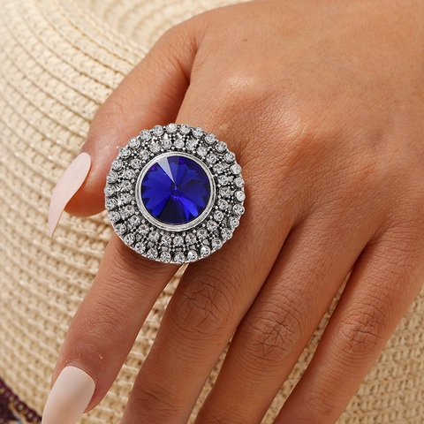 Anillo De Cóctel Redondo Vintage Para Mujer Aleación Diamantes De Imitación Joyería Declaración Retro Bohemio Ajustable