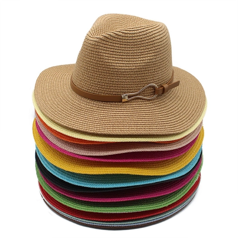 Cappello Di Paglia Fedora Panama Cappello Da Sole Con Fascia In Pelle Fibbia In Metallo Tesa Larga Traspirante Estate Spiaggia Viaggio Donne Uomini