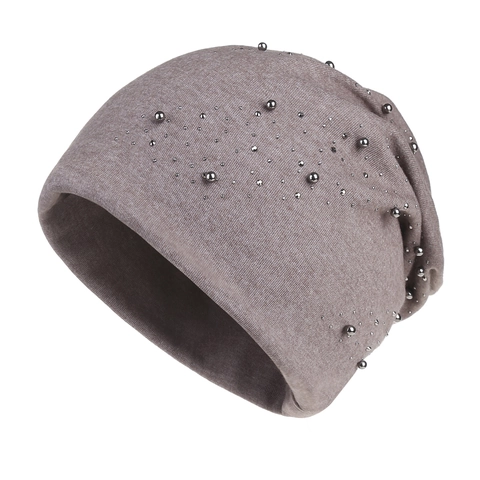 Women Knit Beanie Hat With Silver Beads Rhinestones Warm Thermal Slouched Soft Polyester Winter Cap Outdoor