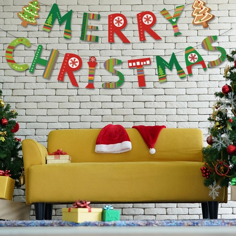 Merry Christmas Banner Paper Decoration Gingerbread Man Christmas Tree Pattern Pull Flag Party Wall Ornament