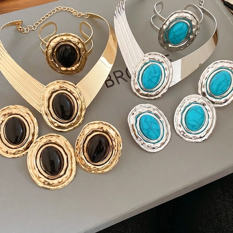 Vintage Bohemian Jewelry For Women With Oval Acrylic Stone Hammered Texture Choker Necklace Bracelet Ring Earrings