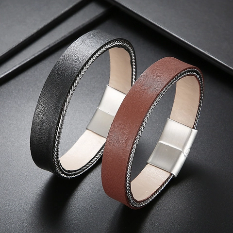 Bracciale Da Uomo In Pelle Intrecciata Catena In Acciaio Inossidabile Multistrato Perline Chiusura Magnetica Punk