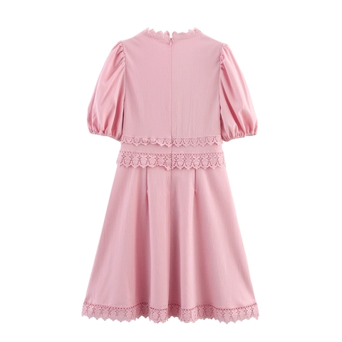 Robe Mini Rose Col En V Dentelle Patchwork Manches Bouffantes Taille Cintrée Élégante Style Doux