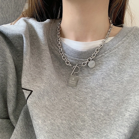 Collar De Acero Inoxidable Con Cierre De Palanca Colgante Doble Rectángulo Y Redondo Joyería Hip Hop Minimalista Para Mujer Hombre