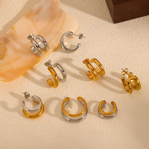 Orecchini A Cerchio Chunky E Ear Cuffs In Acciaio Inossidabile Placcato Oro 18K Bicolore Forma A C Stile INS Per Donna