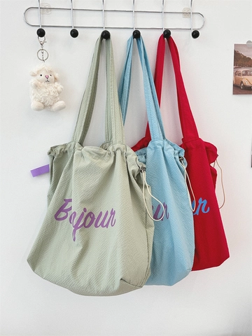 Borsa Tote Trama Nido D'Ape Donna Grande Capacità Coulisse Borsa A Spalla Bonjour Stampa Casual Leggera Borsa Da Viaggio
