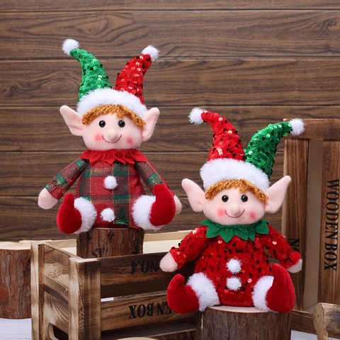 Christmas Elf Dolls Sequin Plaid Fabric Plush Sitting Gnomes Window Desktop Holiday Home Decor Ornaments