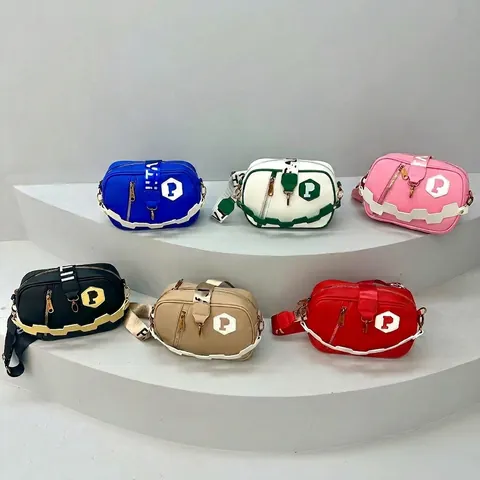 Fashion Women Crossbody Camera Bag PU Leather Letter P Logo Wide Adjustable Strap Shoulder Bag Casual Solid Color