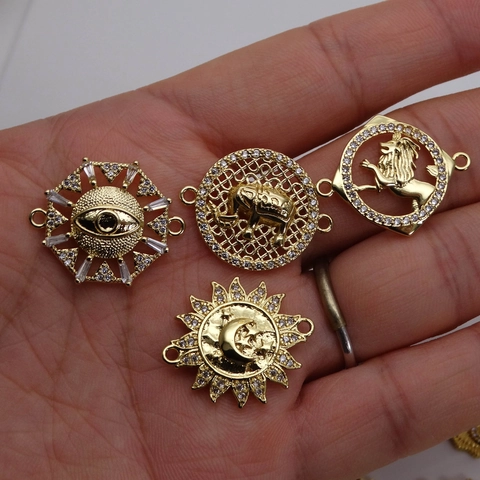 Zircon Evil Eye Bracelet Connector Copper Lion Elephant Sun Moon Charms For DIY Jewelry Making Gold Plated Findings