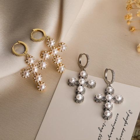 Orecchini Pendenti A Croce Rame Placcato Oro Con Perla Artificial E Zirconia Gioielli Eleganti Per Donne Stile Ins
