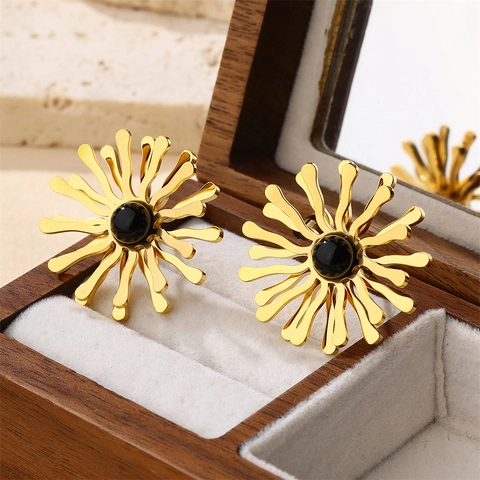 Stainless Steel Gold Plated Sunburst Stud Earrings With Black Gemstone Center Vintage Flower Jewelry For Women