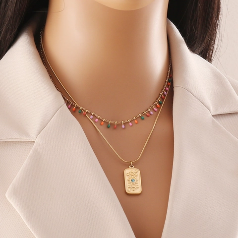 Women Stainless Steel Double Layer Necklace Colorful Enamel Beads Rectangle Heart Butterfly Oval Rhinestone Fashion Jewelry