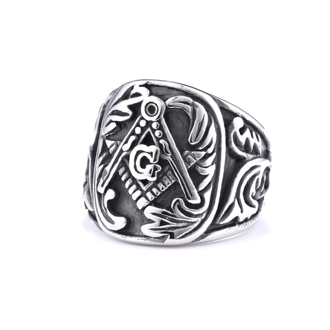 Bague Chevalière Maçonnique Acier Inoxydable Gravée Symbole Compas Équerre G Style Rétro Punk Homme Bijoux