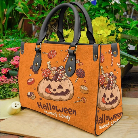 Damen Handtasche PU Leder Litschi Textur Halloween Kürbis Katze Druck Metallnieten Große Kapazität Tragetasche Trendig Festlich