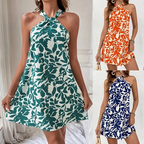 Dames Halter Jurk Mini Rugloos Mouwloos Bloemen Bladprint Polyester Zomer Strandvakantie Sexy A Lijn