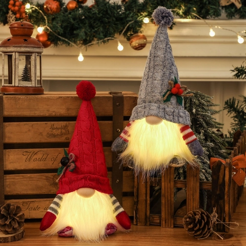 Bambola Gnomo Di Natale Ornamenti LED Luminosi Cappello A Maglia Rudolf Peluche Con Lunga Barba Decorazione Da Tavolo Regalo