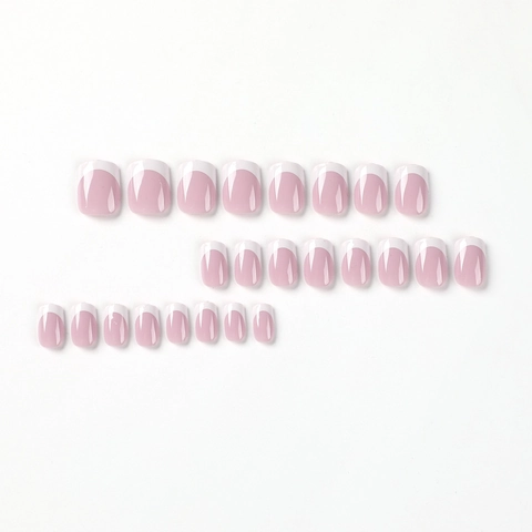 French Tip Press On Nails Short Square Pink White Glossy Full Cover Artificial Fingernails Manicure For Women