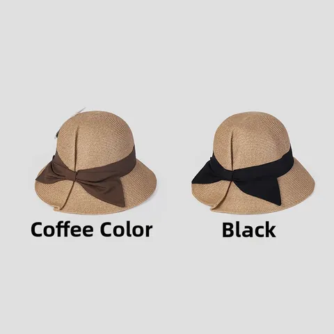 Elegant Paper Straw Sun Hat For Women Foldable Wide Brim Beach Hat With Bow Pleated Design UPF 50 Plus UV Protection Summer Vacation