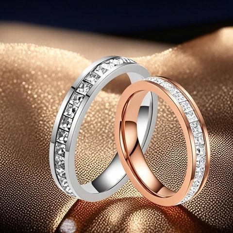 Stainless Steel Rhinestone Eternity Ring For Women Luxury Square Cut Pave Engagement Wedding Band Jewelry Finger Ring Gift