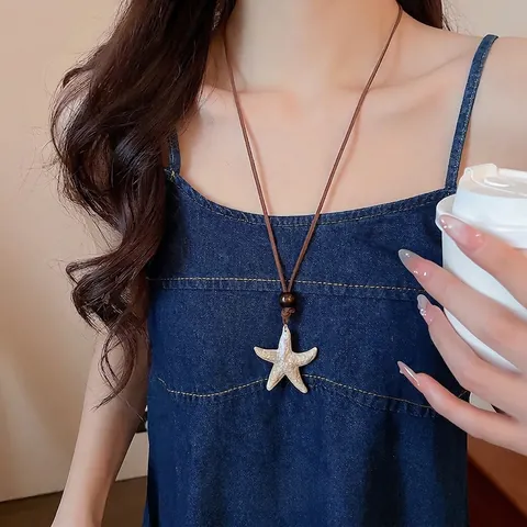 Collier Pendentif Étoile De Mer Résine Perles En Bois Corde Cuir Plage Vacances Style Boho Femmes