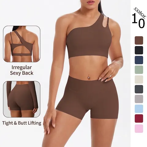 Brushed Nylon Spandex One Shoulder Yoga Top And High Waist Tight Shorts Cutout Fitness Gym Running Workout For Women