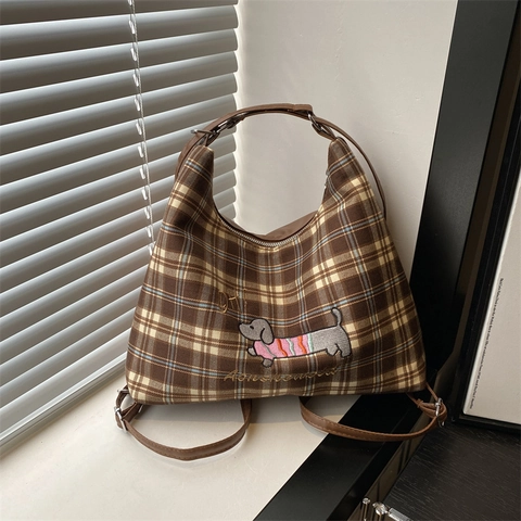 Women Plaid Crossbody Bag Embroidered Dachshund Fabric Large Capacity Vintage Hobo Tote With Adjustable PU Leather Strap