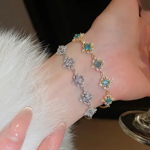 Geometric Square Blue White Zircon Copper Bracelet For Women Luxury Palace Style Adjustable Fashion Jewelry