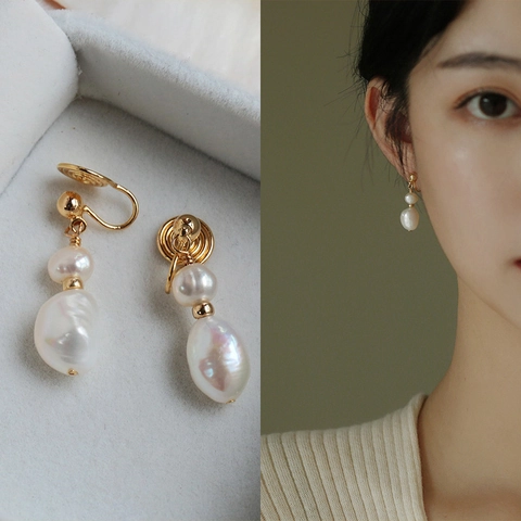 Vintage Freshwater Pearl Earrings For Women Elegant French Retro Drop Stud Ear Clips With Silver Earring Post