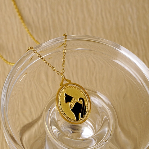 Collana con Ciondolo a Forma di Gatto Egiziano Bastet in Acciaio Inossidabile Vintage Gioielli Animalier in Smalto Nero per Donna Uomo