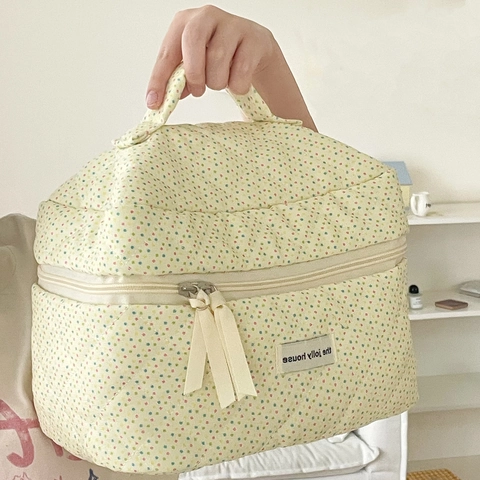 Gesteppte Baumwoll Kosmetiktasche Große Kapazität Punkte Reise Make-up Beutel Tragbare Kulturbeutel Organizer Süß Ästhetik