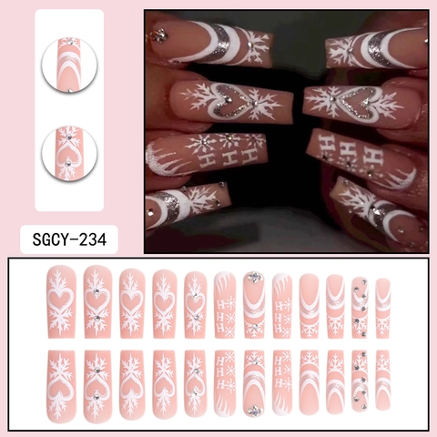 Uñas Postizas De Navidad De Forma Cuadrada Larga Copo De Nieve Blanco Corazón Pedrería Purpurina Rosa