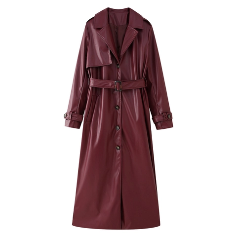 Trench Lungo In Pelle PU Da Donna Con Cintura Risvolto Monopetto Rosso Vino Giacca Da Moto Streetwear
