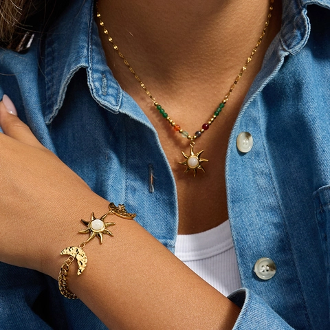 Sun Moon Star Celestial Necklace Earrings Bracelet Ring Stainless Steel Opal Jewelry For Women Elegant Fashion