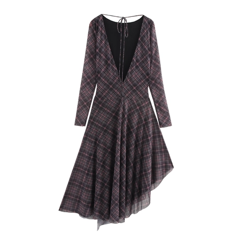 Plaid Maxi Kleid Langarm Hohe Taille Mesh Polyester Unregelmäßiger Saum Rückenfrei Schnürung Retro Sexy Damen